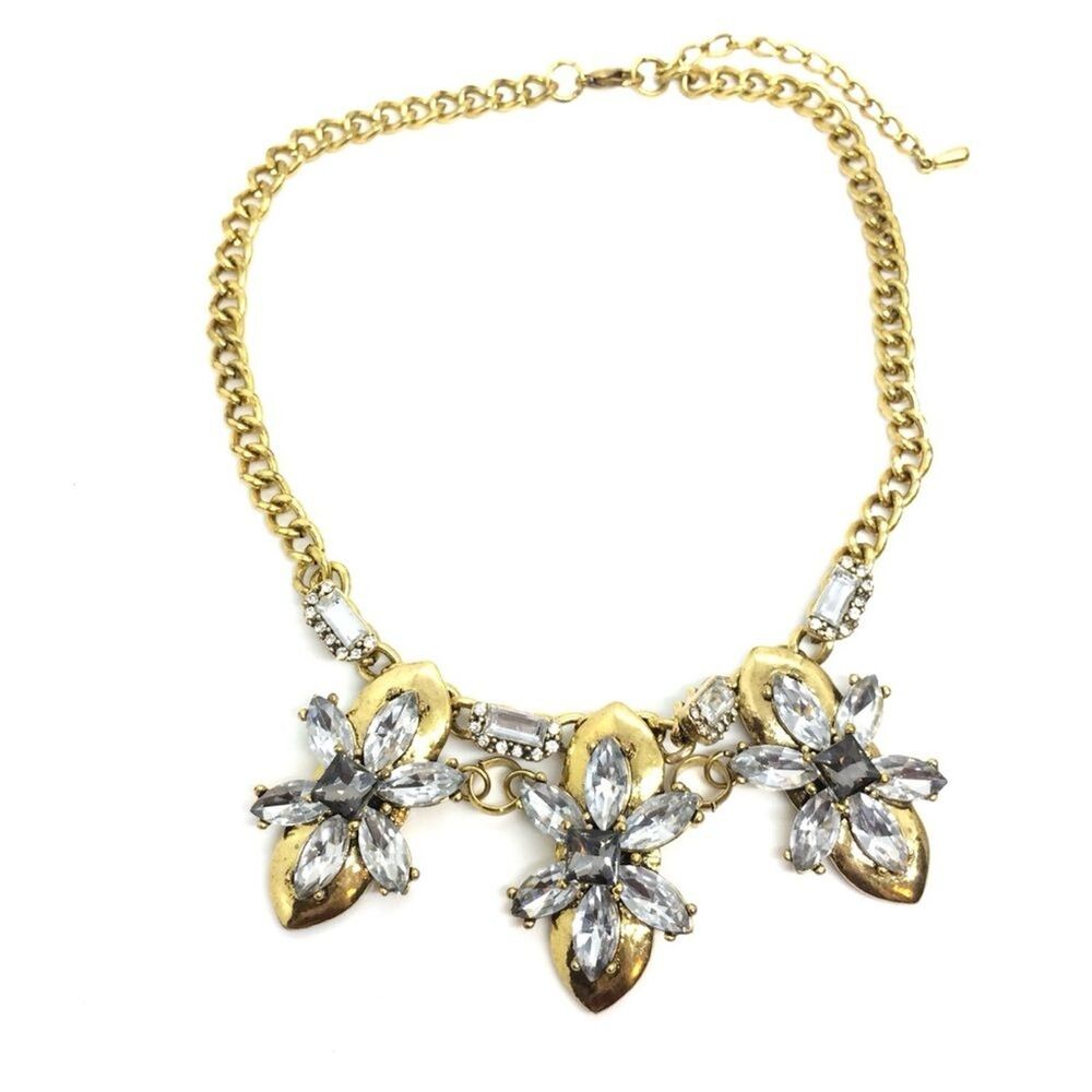 Rhinestone Statement Necklace Gold Tone Clear Smoky Crystal Flowers Collar Y2k
